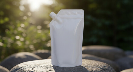 White Spout Pouch Mockup on Rocks in Natural Sunlight