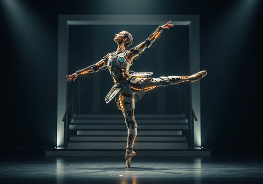 A futuristic robot ballerina with metallic and gold-toned body plating, posed gracefully on pointe shoes on a dark stage with illuminated stairs and a rectangular archway in the background.