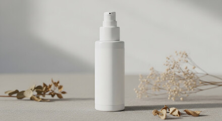 Minimalist White Pump Bottle with Natural Shadows and Dried Florals