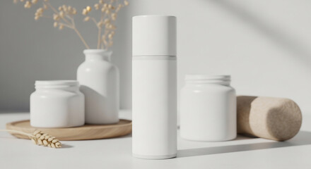 Minimalist White Cosmetic Bottles & Jars with Natural Elements