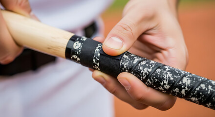 Close up on a baseball player's hands applying grip tape to a baseball bat preparing for a game