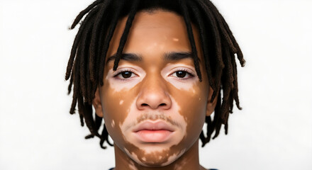 Close up portrait of a young African American man with vitiligo skin condition