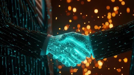 Two business professionals engage in a digital handshake symbolizing collaboration and innovation set against a backdrop of glowing particles representing technology and connectivity - Powered by Adobe