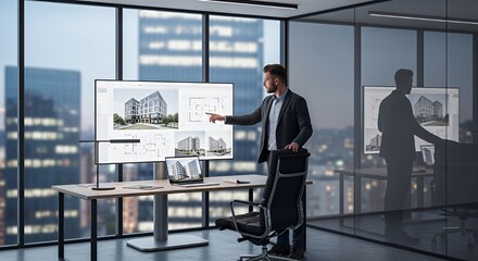 A male architect uses a large touchscreen display to review and present building plans and designs in a modern .