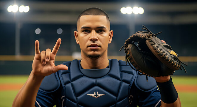 Male baseball catcher wearing catcher's gear signals with hand gesture in stadium at night