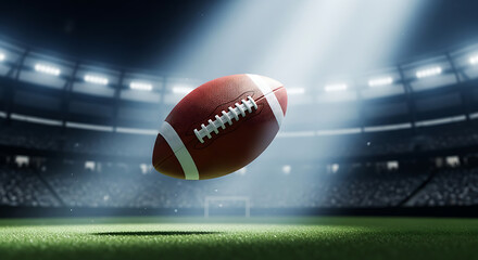American Football in Stadium Under Dramatic Spotlight with Fans in Background Capturing the Excitement of a Championship Game