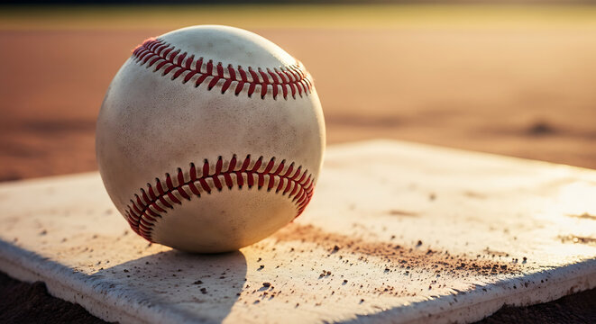 Close up of a baseball on home plate on a sunny day with a shallow depth of field
