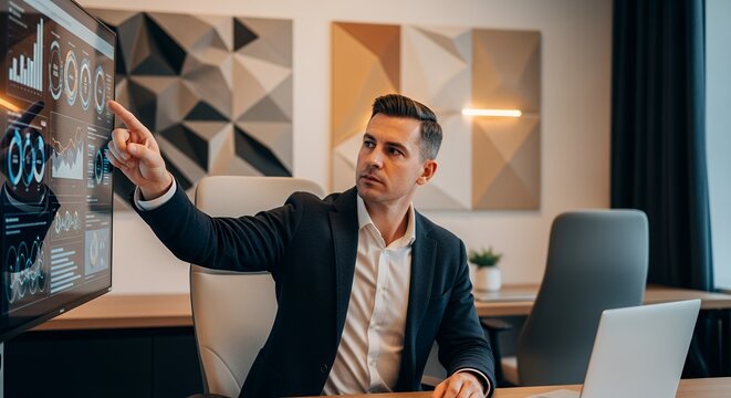 A businessman analyzes data on a large interactive display screen, reviewing charts and graphs to make strategic business decisions.
