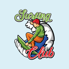 Surfer Surfing Board Vibrant Colored Wave Tropical Stylized Pin Badge Vector