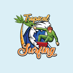 Surfer Surfing Board Vibrant Colored Wave Tropical Stylized Pin Badge Vector