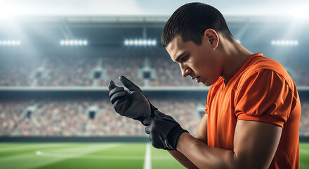Focused soccer goalkeeper preparing to play on a vibrant stadium field with blurred spectators and bright spotlights