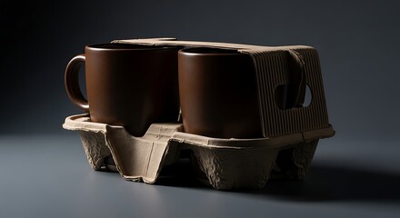 Pair of brown mugs in a cardboard carrier against a neutral background