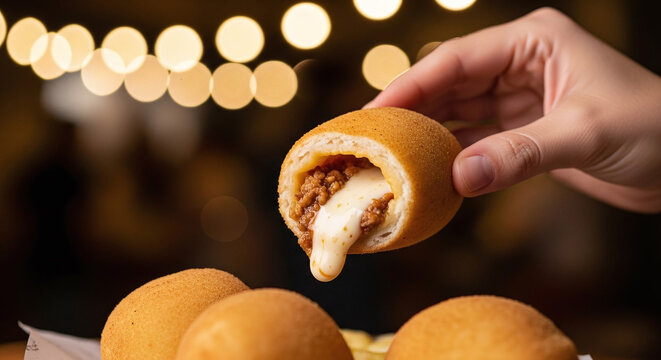 A hand holds a crispy and golden risole, filled with melted cheese and meat.