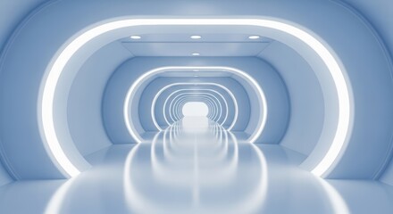 Fototapeta premium A futuristic blue and white illuminated tunnel with repeating oval arches and a bright light at the vanishing point corridor modern architecture interior