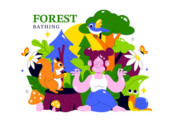 Forest Bathing Vector Illustration featuring a Person Surrounded by Tranquil Greenery, Wellness, Recreational Ecotherapy, and Connection with Nature