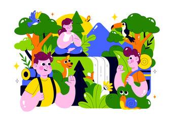 Forest Bathing Vector Illustration featuring a Person Surrounded by Tranquil Greenery, Wellness, Recreational Ecotherapy, and Connection with Nature