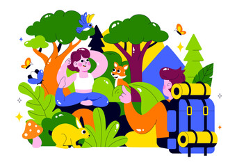 Naklejka premium Forest Bathing Vector Illustration featuring a Person Surrounded by Tranquil Greenery, Wellness, Recreational Ecotherapy, and Connection with Nature