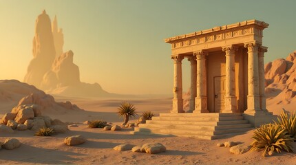 Obraz premium Desert Temple Ruins at Sunrise with Arid Landscape