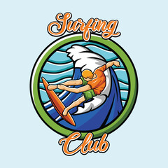 Surfer Surfing Board Vibrant Colored Wave Tropical Stylized Pin Badge Vector