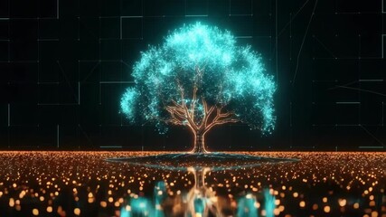 A glowing digital tree stands majestically in a futuristic landscape surrounded by shimmering lights and a grid-like background symbolizing technology and nature's harmony