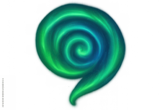 Luminous green and blue light particles spiraling into cosmic galaxy formation, creating abstract digital design element against transparent backdrop