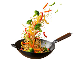 Noodles and vegetables tossed in a wok with vibrant colors isolated on transparent background