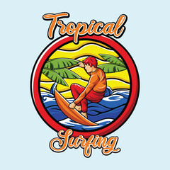 Surfer Surfing Board Vibrant Colored Wave Tropical Stylized Pin Badge Vector