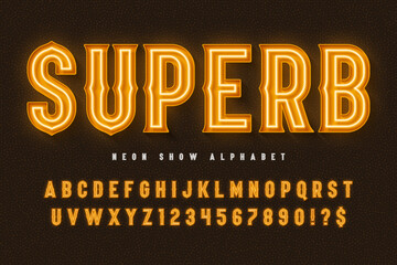 Retro circus alphabet design, cabaret, fairy neon lamps letters and numbers.