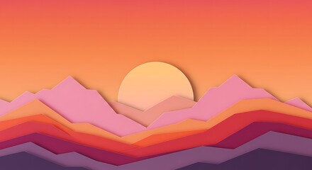 Abstract landscape illustration featuring layered mountains in shades of pink, orange, and purple, with a soft yellow sun setting in the background.