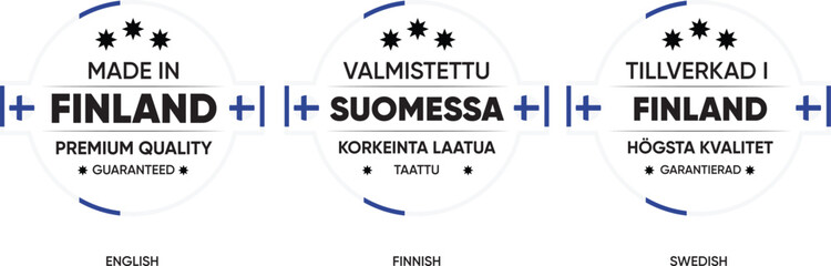 Made in Finland Premium Quality Seal with Finnish Text. A high-quality seal design featuring 'Made in Finland' with 'Premium Quality Guaranteed' in both English and Finnish. Perfect for branding
