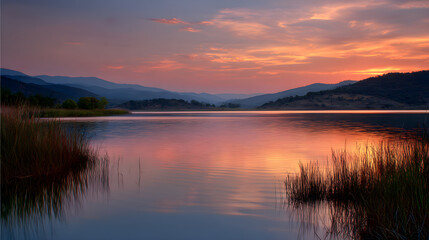 Fototapeta premium A Serene Dance of Zephyr and Light Over the Lake at Sunset