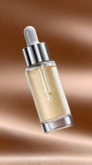 A serum bottle with a dropper floats against a soft brown, textured background. This elegant image highlights skincare and cosmetic products.