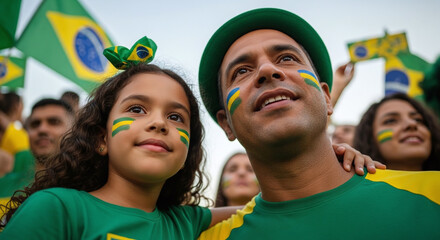 Father and daughter showing support for their team with painted faces and flags at a match.