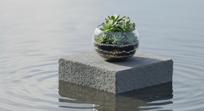 A small succulent plant in a glass terrarium sits atop a gray concrete block surrounded by water, creating ripples. - Powered by Adobe