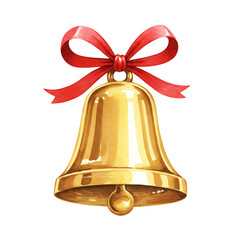 A shiny illustration of a golden Christmas bell adorned with a festive red bow, perfect for holiday decor and celebrations



