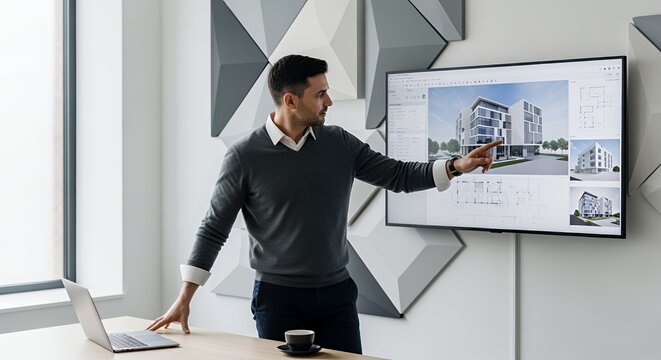 Architect presenting a modern building design on a large screen to a client or colleague in a bright .