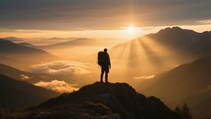 Golden hour landscape with traveler standing on mountain ridge