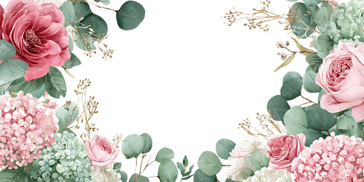 Pink and Green Floral Frame on Transparent Background, PNG