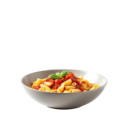 A bowl of penne pasta with tomato sauce and basil on a white bowl against a black background studio shot