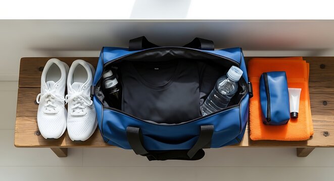 Gym Bag with Sports Gear on Wooden Bench - Powered by Adobe