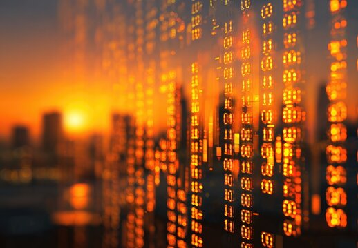 Cityscape sunset backdrop with overlaid glowing digital data streams