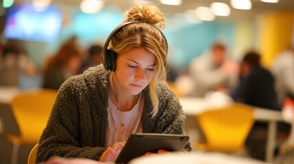Focused Student With Headphones Studying on a Tablet in a Vibrant Learning Environment During the Day