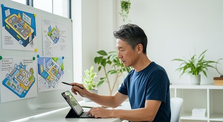 A focused designer uses a stylus on a digital tablet to refine his isometric illustrations displayed on a whiteboard.