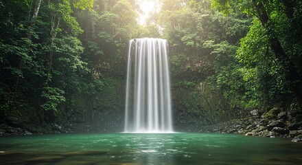 Majestic Waterfall in Lush Green Forest with Emerald Pool Below