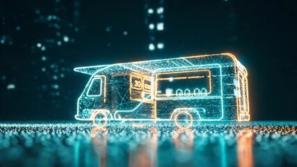 A futuristic glowing food truck illuminated by neon lights parked on a rainy urban street with digital displays and abstract city buildings in the background showcasing modern culinary experiences - Powered by Adobe