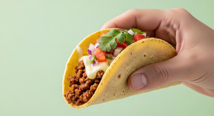 Close-up of a flavorful taco with various fresh toppings held in a hand