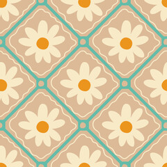 Retro 70s floral pattern, vector hand drawn daisy flower seamless pattern.