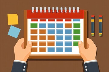 A person holding a calendar with colorful sticky notes attached, planning upcoming events and appointments.