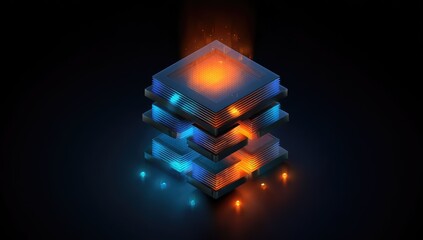 A stylized isometric rendering of a three-layered cube, glowing with warm and cool light, set against a black background.  Small particles surround the base