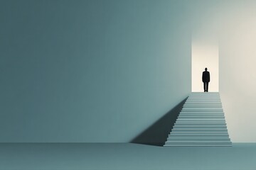 Obraz premium A man standing on a staircase symbolizing career growth, with light at the top representing success and achievement.